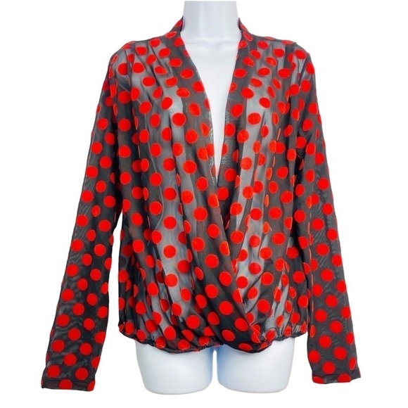 Zara Women’s Sz Large Black Sheer W/ Red Polka Dot Long Sleeve Low VNeck Cut Top - Picture 1 of 5